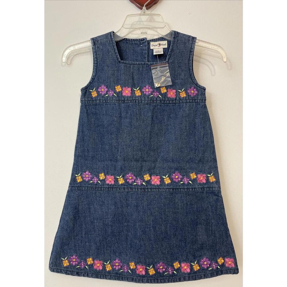 Vintage Girls Duck Head Size 5 Embroidered Floral Cotton Denim Dress NEW! A4571